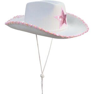 Women's White Sparkle Trim Band With Pink Sequin Star Pull-on Cowboy Hat